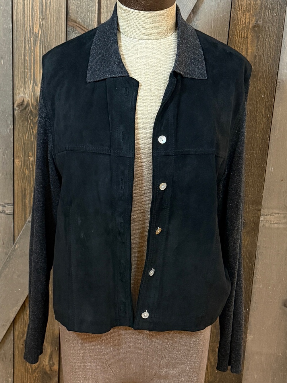 Silk 4 Golf Vintage Suede Leather Silk Knit Jacket Cardigan Black Charcoal Large